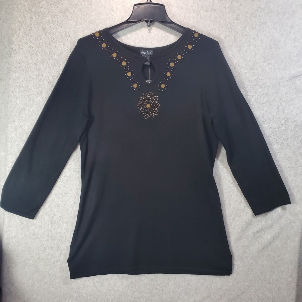 West End Beaded Keyhole Sweater Womens‎ Medium Black Long Sleeve Boho Knit Top